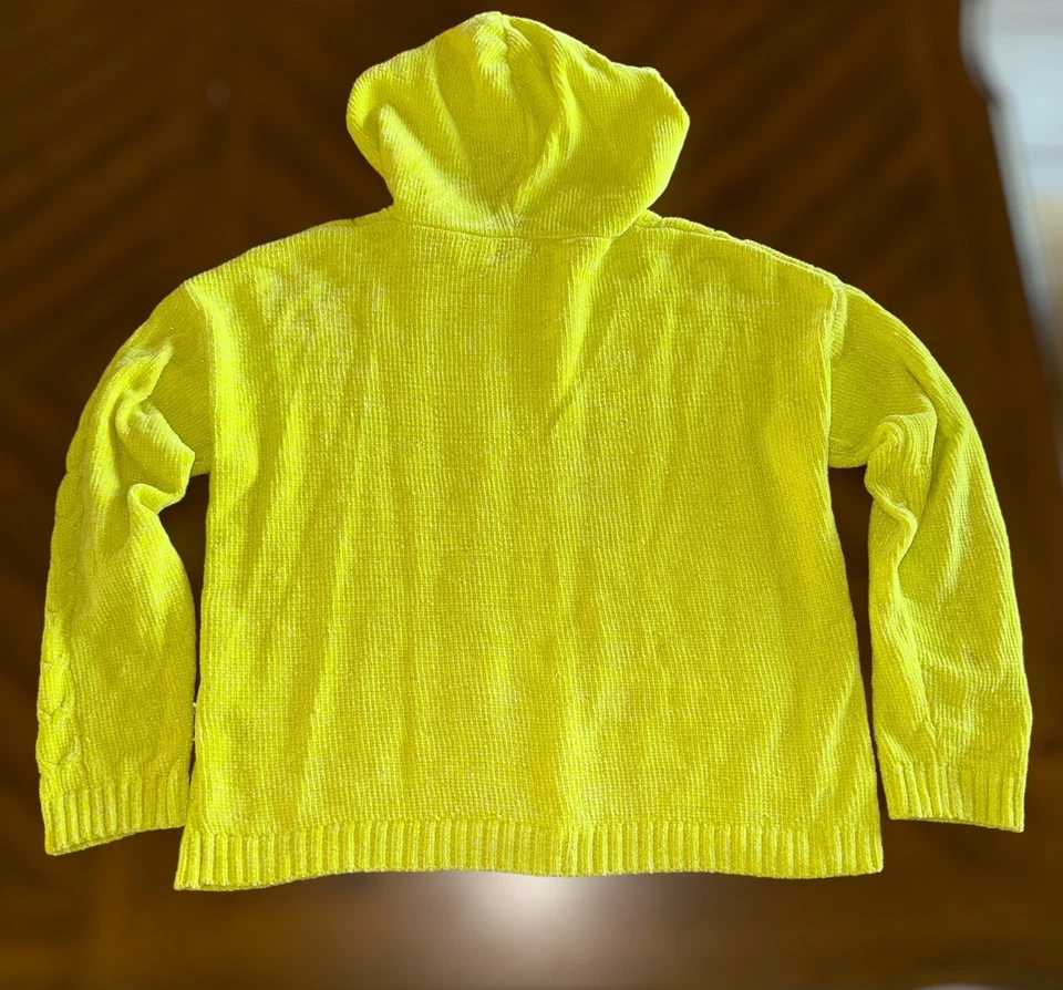 KENSIE Soft Chenille Cable-Knit Highlighter Yellow Sweater Zip Up Hooded Jacket - Image 3 of 4