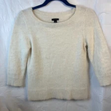 ANN TAYLOR Women Rabbit Hair Super Soft Fuzzy Granny Sweater Pullover Cream S