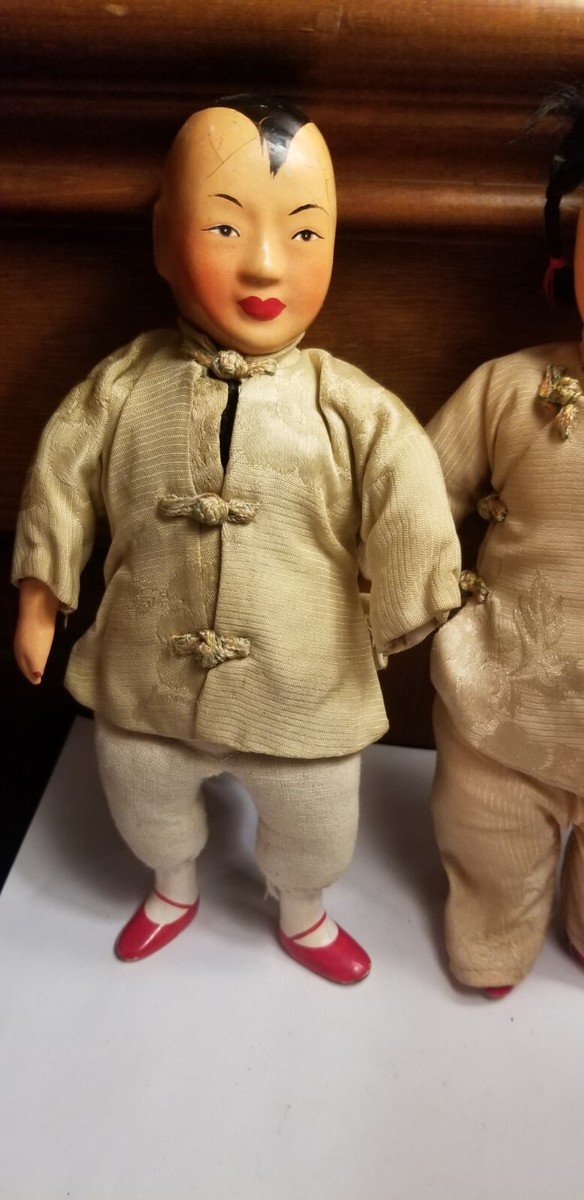 Antique pair Chinese composition & cloth boy & girl dolls 9