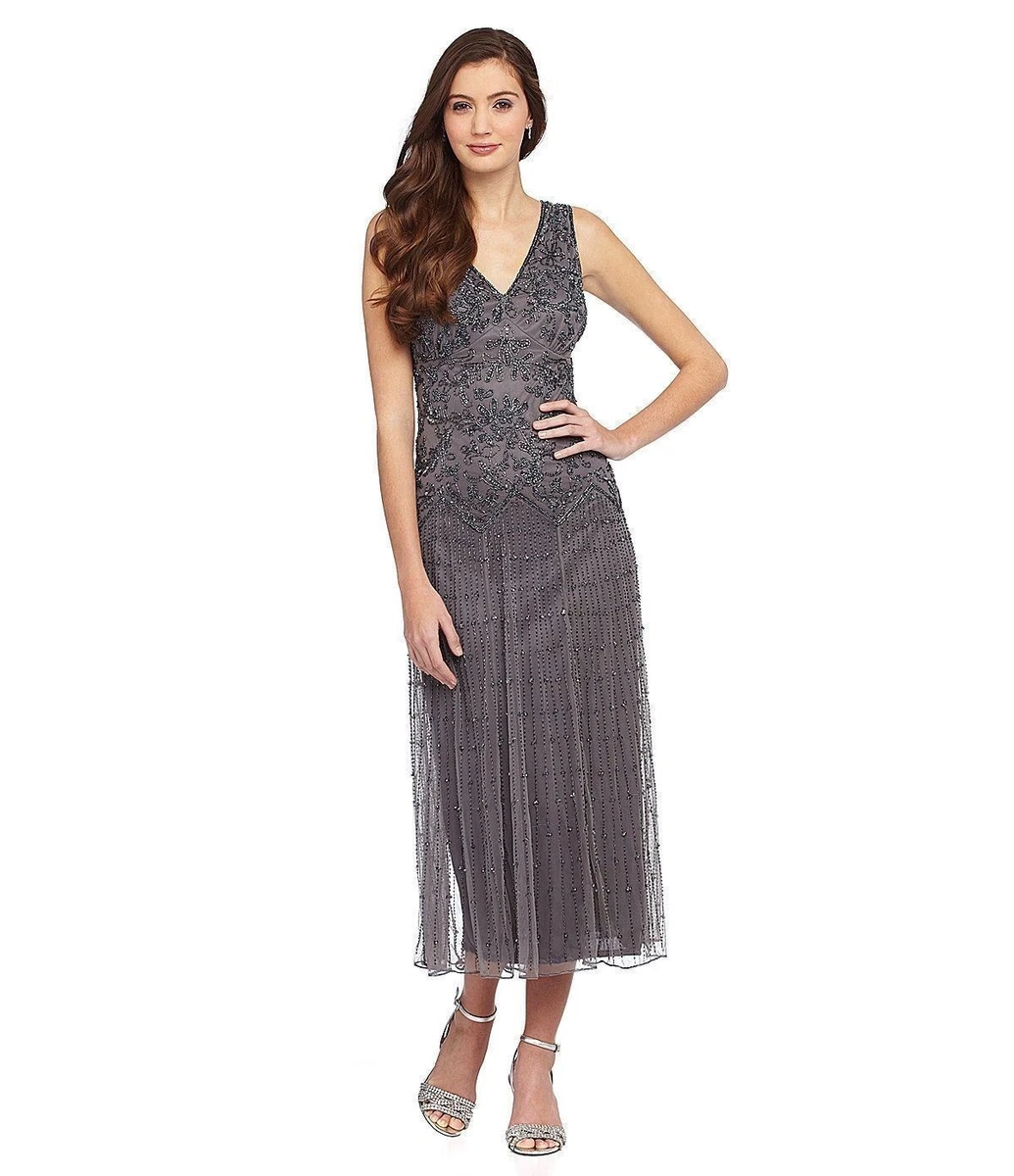 Pisarro Nights Beaded Double V Neck Gown Sz 14 Grey eBay