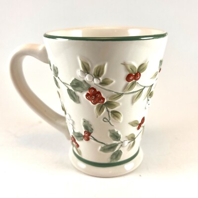 Pfaltzgraff Stoneware Mug WINTERBERRY 12 Oz Christmas Tea Coffee Green Leaves