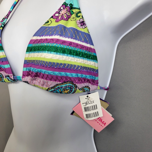 Cia Maritima Bikini Top Womens Medium Embroidered Beaded Floral Stripe Swimwear - Picture 6 of 16