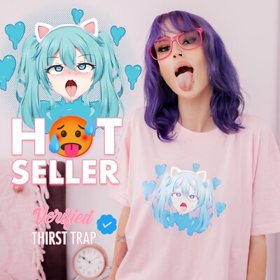 Neko Ahegao Face Anime Girl Pink Manga T-Shirt Graphic Tee Women's Streetwear