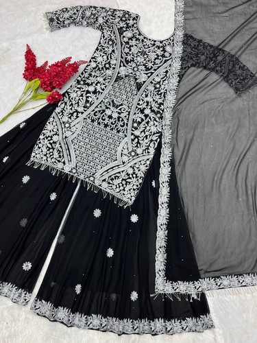 Exclusivo traje elegante pesado imitación Georgette Palazzo con Dupatta para recepción - Imagen 3 de 11