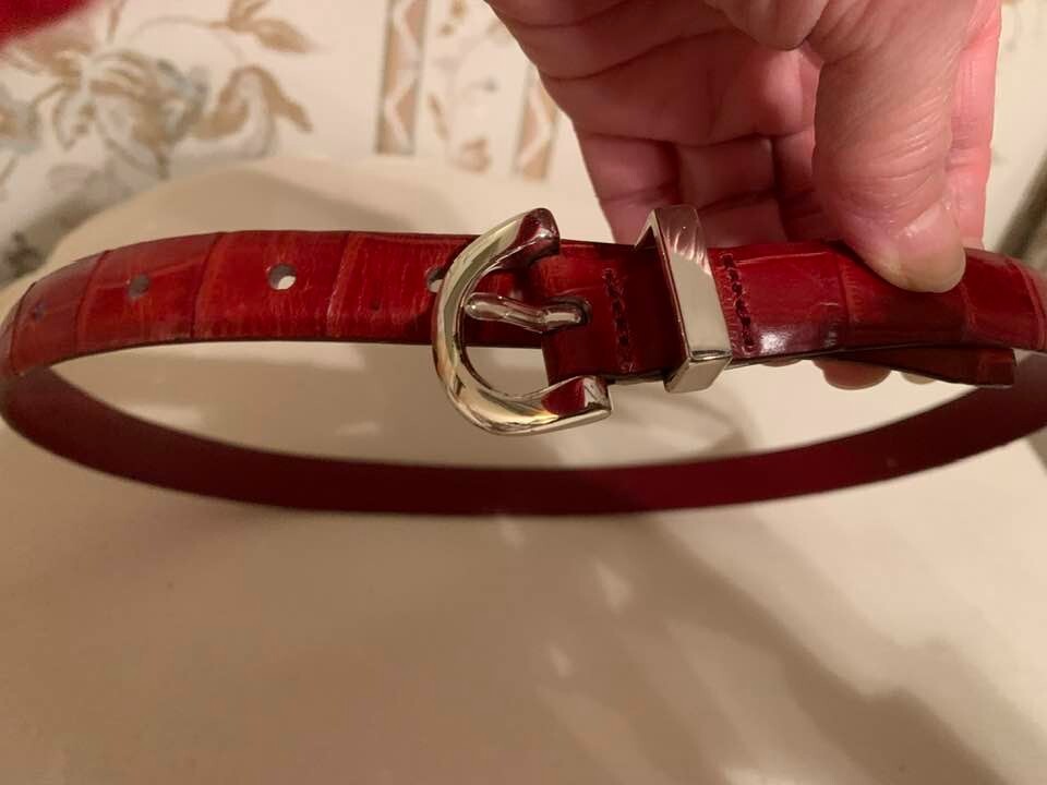 Ann Taylor Thick Red Shiny Leather Waist Belt Italy Leather Wrapped Buckle S Ann Taylor Dark Red Italian Leather Croc Pattern Belt SIZE  main image 3