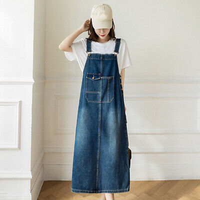 Fashion Women Denim Jumpsuit Loose Overalls Dress Long Suspender Skirts  Casual