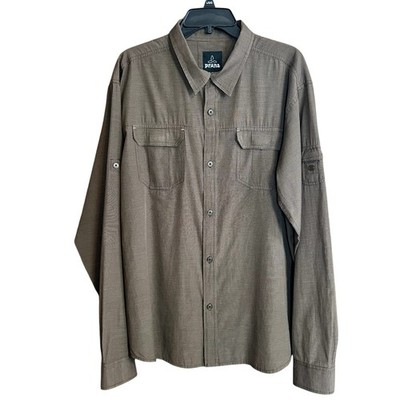 Prana Men Shirt Size XL Brown Micro Check Roll Tab Flap Pockets Button Up