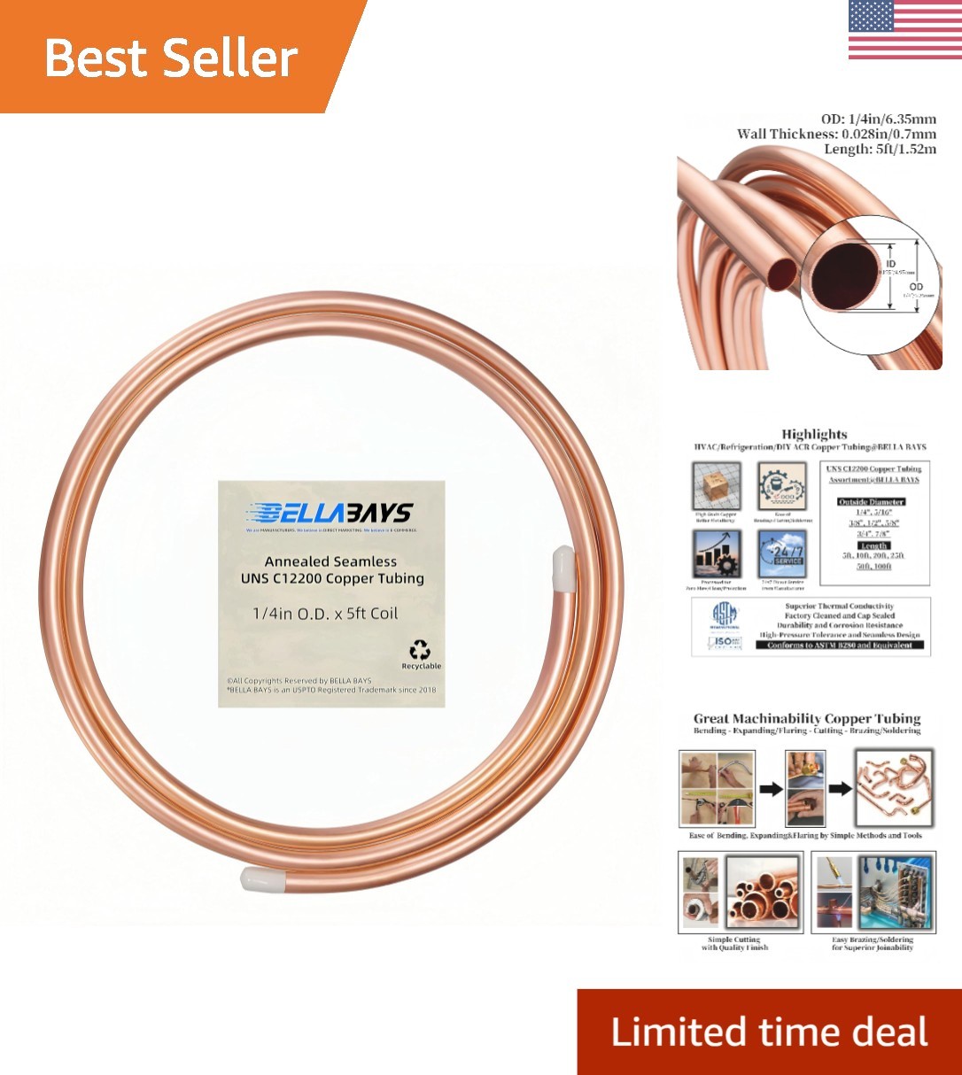 Seamless Copper Tubing Coil for Refrigeration 1/4" OD - 5 ft Durable Solution