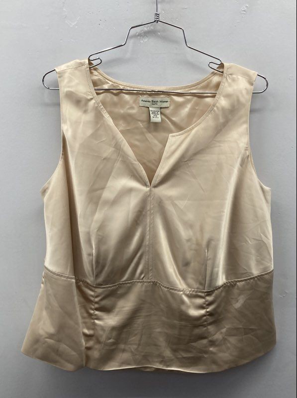 Amanda Smith Woman Women's Champagne Satin V-Neck Peplum Blouse Shell Sz 14W