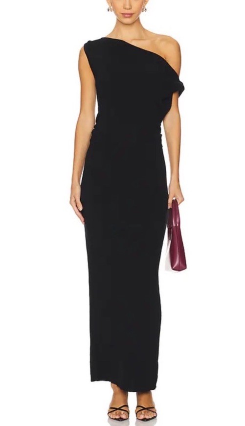 NWT SNDYS Leena Maxi Dress Black One Shoulder Ruched Bodycon Formal Gown Size S