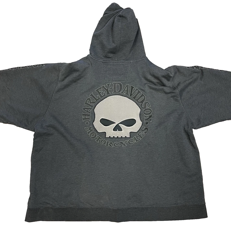 Y2K HARLEY DAVIDSON GREY FULL ZIP HOODIE SWEATSHIRT SZ 4XL MOTORCYCLE SKULL H3 - Image 2 of 4