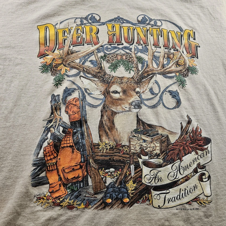 ВИНТАЖНАЯ охотничья рубашка на белохвостого оленя мужская XL желтовато-коричневая Buck Wear 1997 графическая 90-е - Изображение 2 из 4