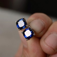 4Ct Cushion-Cut Lab-Created Blue Sapphire Stud Earring 14K Yellow Gold Plated