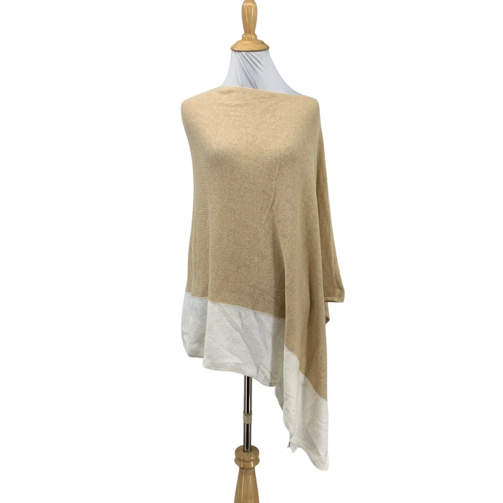 J Crew Poncho Womens One Size Tan Cashmere Cotton Blend Colorblock Knit Sweater