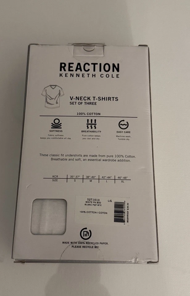 Kenneth Cole Vneck Tshirt Mens Large White 3 Pack - Image 2 of 2