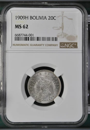 Bolivia 20 Centavos 1909H NGC MS 62