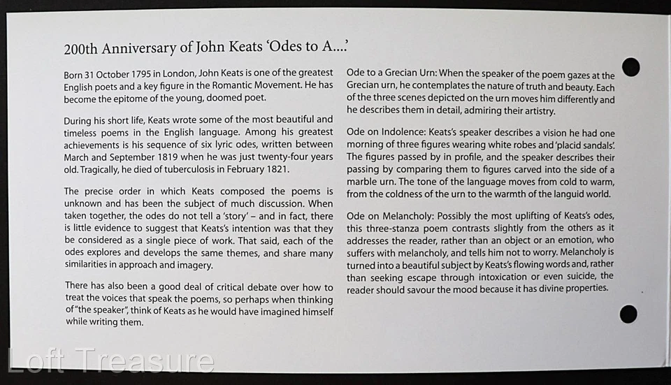 Alderney Stamps: "Odes of John Keats - Bicentenary" Presentation Pack 2019 - Image 4 of 4