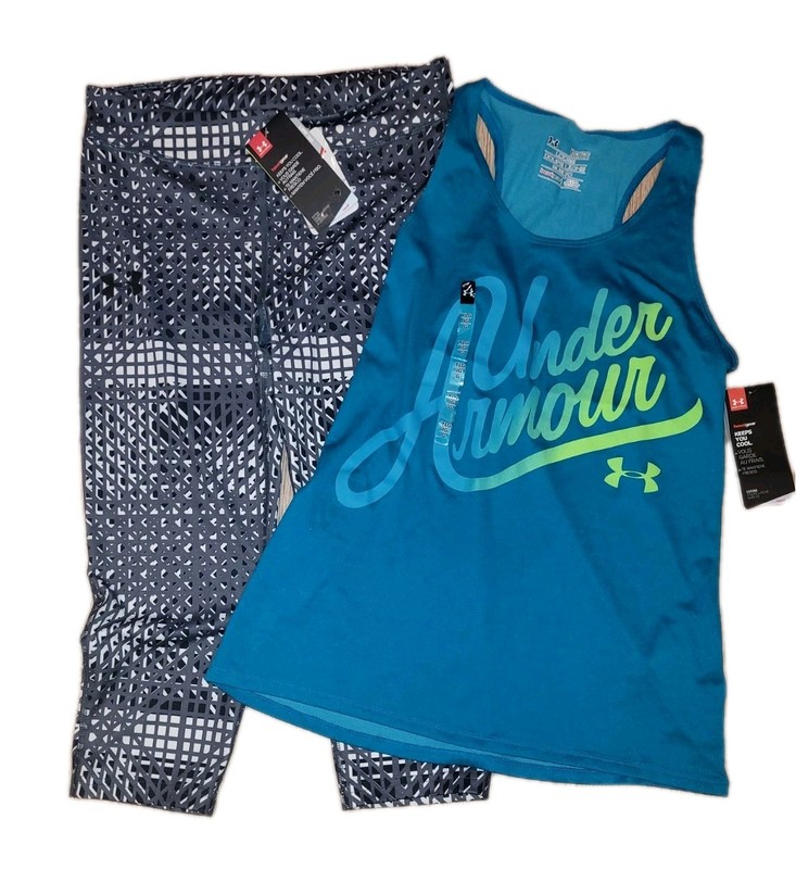 🌸 NEW Girl's L Under Armour Blue Tank Top & Black Leggings HeatGear NWT YLG Lot