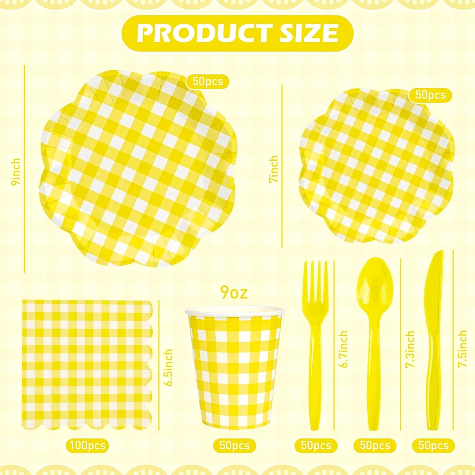 400 Pcs Gingham Party Supplies for 50 Guests Yellow and White Scalloped Paper... - Image 2 of 4