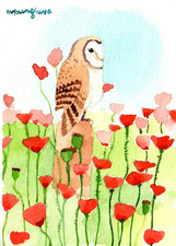 Barn Owl in Poppy Field ACEO Original Watercolor, Owl and Flower Mini Painting