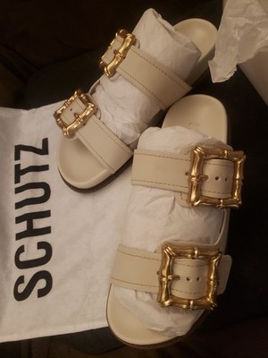 BRAND NEW White SCHUTZ SANDALS W/GOLD BUCKLES SIZE 7B - Original Box & Dust Bag!