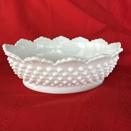 Vtg White Milk Glass Hobnail Oval Candy Dish Bowl 8" Scalloped Top Edge