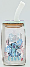 NEW Disney Lilo Stitch Glass Tumbler w/ Bamboo Lid Glass Straw 16 Oz OHANA