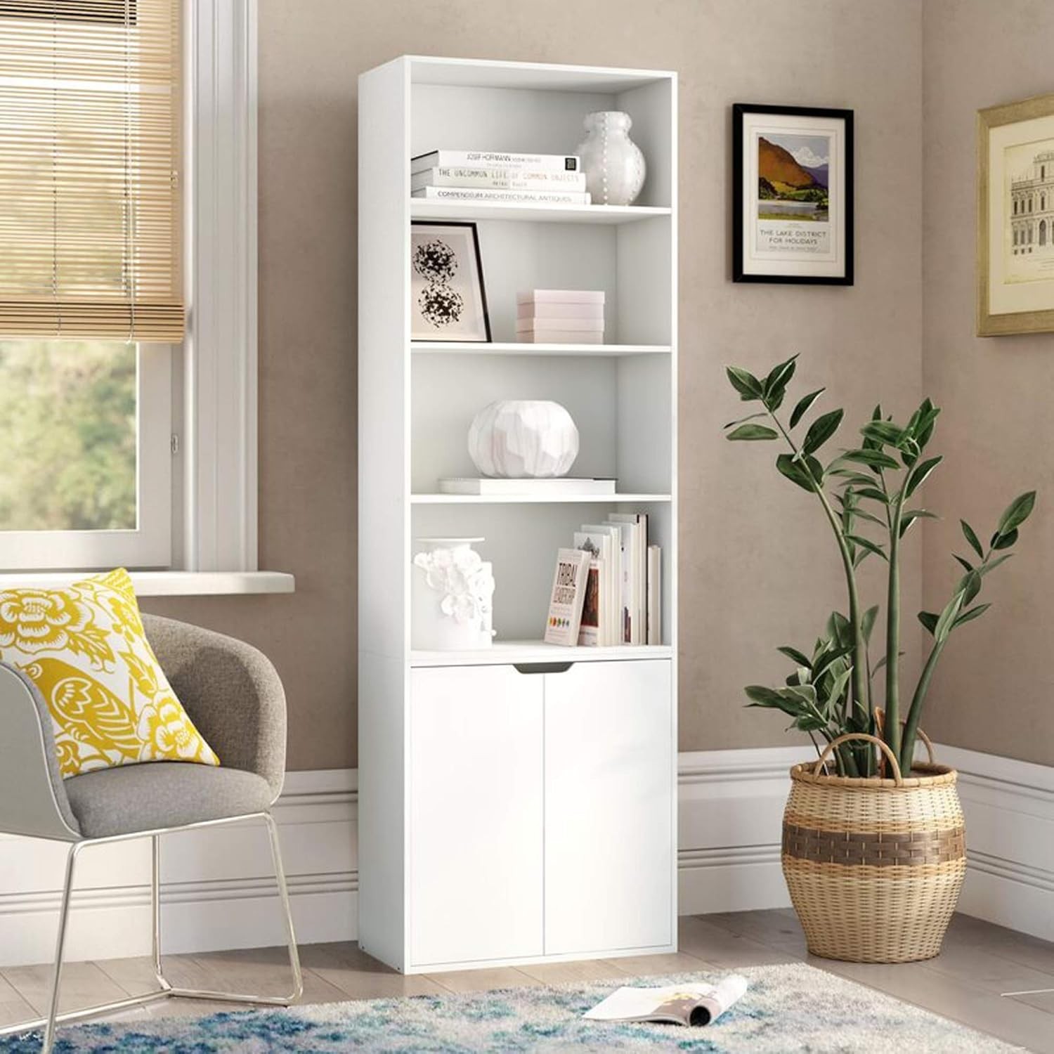 Bookcase 6 Tier Tall Bookshelf with Doors Cupboard Floor Mount Office Black Unit