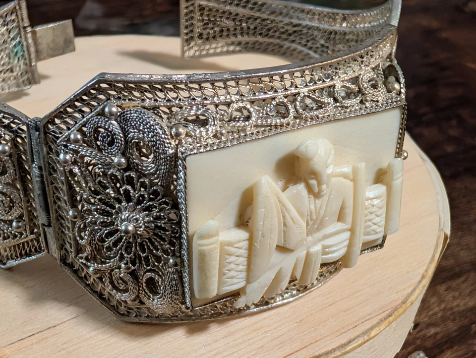 Juego de 5 - Filigrana de plata china antigua con escenas de hueso bovino tallado Foto 2 de 4