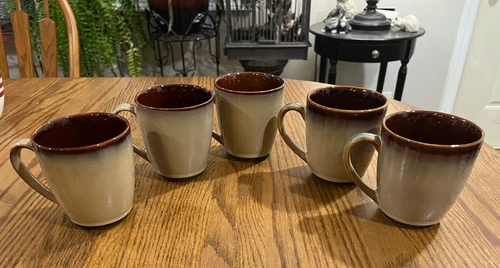 SET of 5  Sango NOVA BROWN 12 oz Coffee Tea MUGS 4933 Stoneware Dinnerware NICE