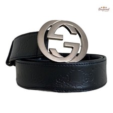Auth Gucci Black Guccissima Leather Silver Interlocking G Buckle Belt 100/40