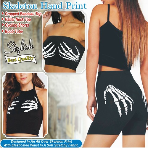 Skeleton-Hands-Print-Tube-top-halter-neck-Crop-bandeau-Halloween-costume-Shorts