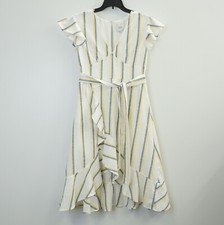 J O A  Womens Dress Striped Ruffle Flutter Trim Faux Wrap Dress Soft White $98