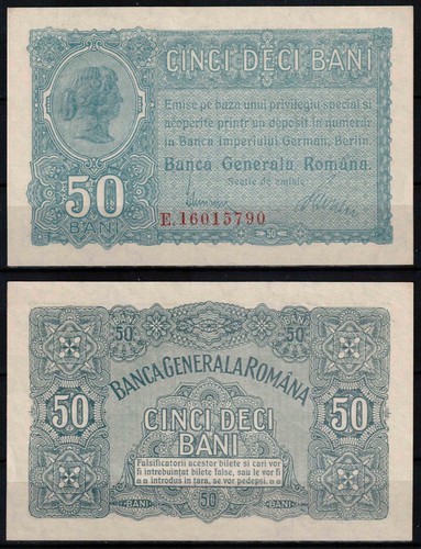 Romania 1917, 50 BANI, BGA Banca Generala Romana, German, WWI, P#M2, UNC! RARE!