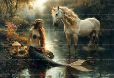 MERMAID and UNICORN ART PRINT, Wall Decor Siren Poster, Cottagecore Artwork D581
