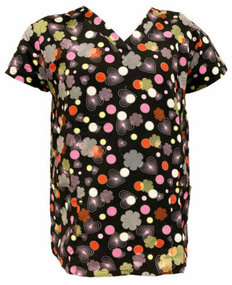 Serene Uniform Women's Medical Scrub Printed Tops Black Geo Hearts Dots L