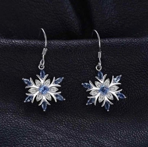 Blue Crystal Frozen Snowflake Drop Dangle Silver Hook Earrings Women’s Xmas Gift - Picture 9 of 12