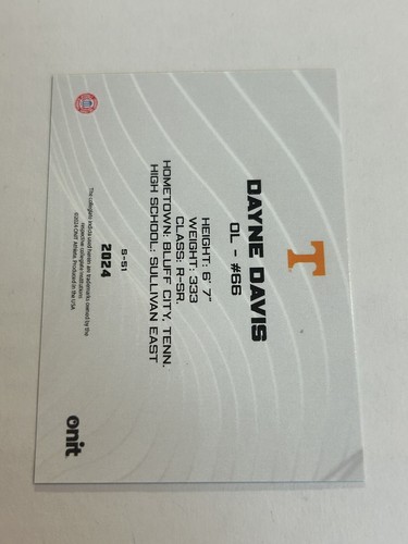 2024 ONIT TENNESSEE VOLUNTEERS DAYNE DAVIS 118/200 ORANGE FOIL ON CARD AUTO SP - Picture 2 of 2