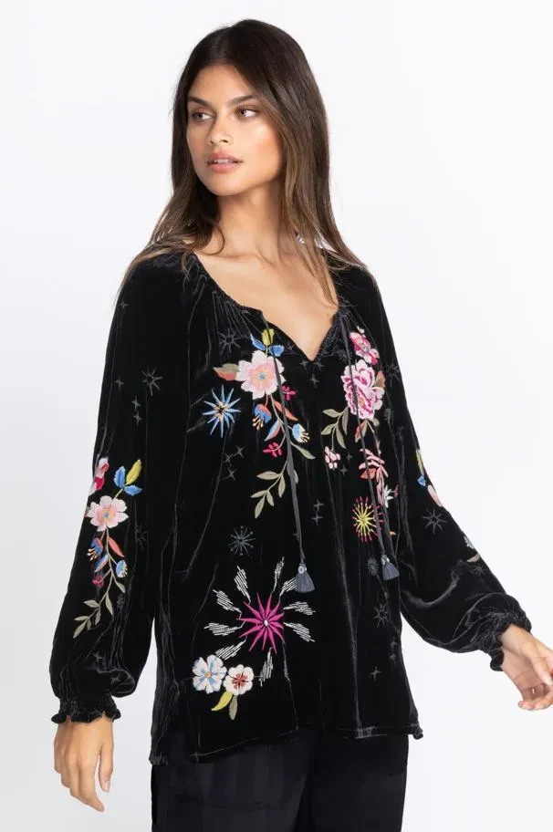 Новый без ЯРЛЫКОВ Johnny был цветочный Celestine бархата епископ блузка черная рубашка с длинным рукавом - Изображение 3 из 4