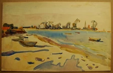 Ukrainian Soviet watercolor industrial Painting postimpressionism seascape ship