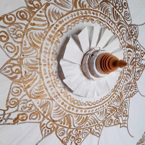 34" White Thai Umbrella Traditional Bamboo Wooden Gold Oriental Motifs Parasol - Picture 11 of 14