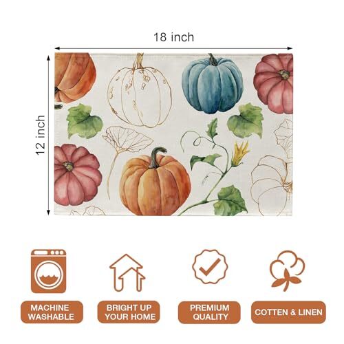 Fall Colorful Teal Pumpkin Placemats Placemats 12''X18'' Watercolor Pumpkin - Picture 2 of 6