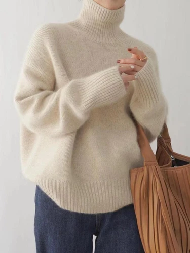 Suéter Suelto Cálido Tejido Otoño Grueso Mezcla Cachemira para Mujer Cuello Alto - Imagen 10 de 26