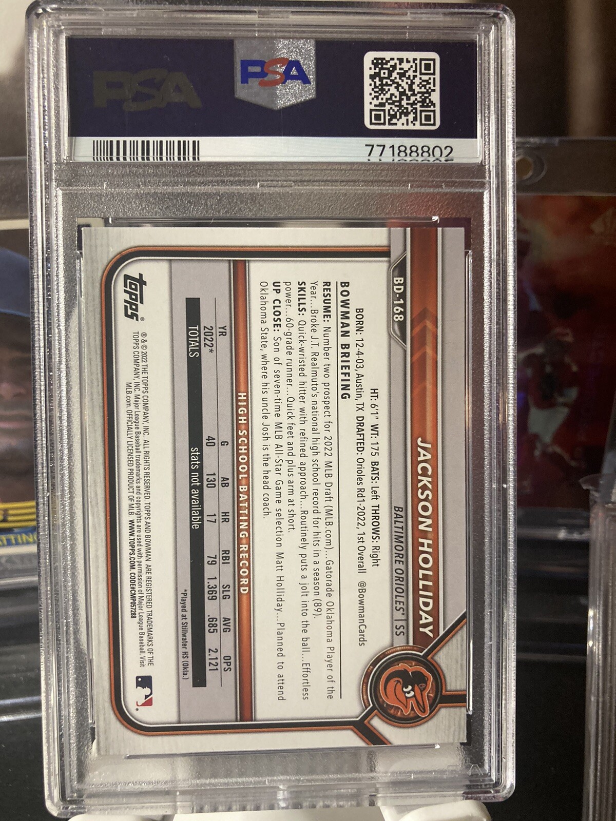 Jackson Holliday ROOKIE PSA 10 2022 Bowman 1st Draft Baltimore Orioles view 3