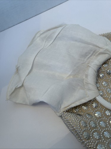 Vintage Round White Cream Flower Beaded Studded Purse Handbag Plastic Handle - Picture 6 of 7