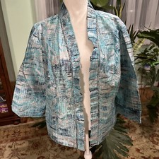 Chico's Beaded Open Front Jacket Sz 3 14-16 Aqua Blue Linen Ruffle Collar