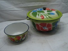 Pr Colorful Enamelware Pots Floral Fruit Bright Color Granite Ware Enamel