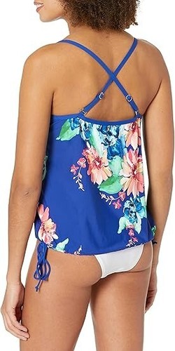 Traje de baño Tankini 24th & Ocean para mujer con corbata lateral, azul/tropical S 1343 - Imagen 3 de 3