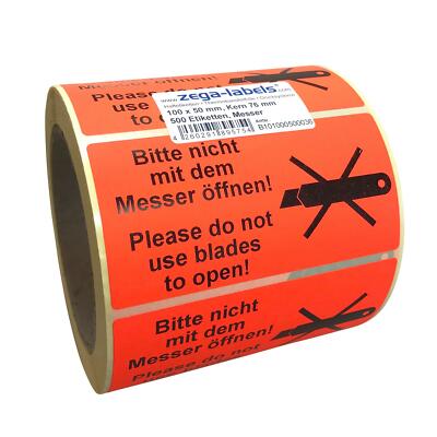 Versandetiketten Rolle - Nicht mit dem Messer öffnen - 500 Aufkleber 100 x 50 mm