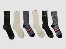 Tommy Hilfiger Men Gray White Crew Socks Graphic 6 Pair Cushioned Shoe 7-12